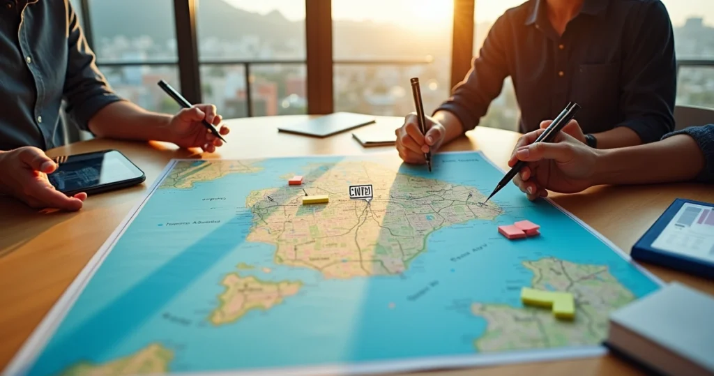 Empreendedores marcando trajeto de abertura de empresa no mapa do Rio de Janeiro
