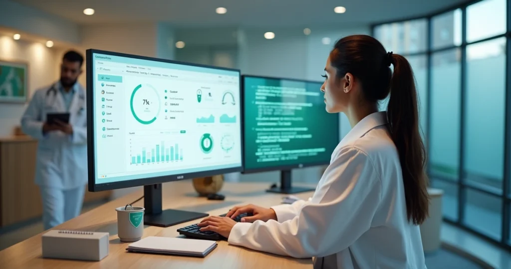 Gestora de clínica médica vendo relatórios contábeis protegidos em plataforma online