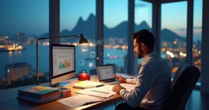 Contador conferindo documentos fiscais com vista panorâmica do Rio de Janeiro ao fundo