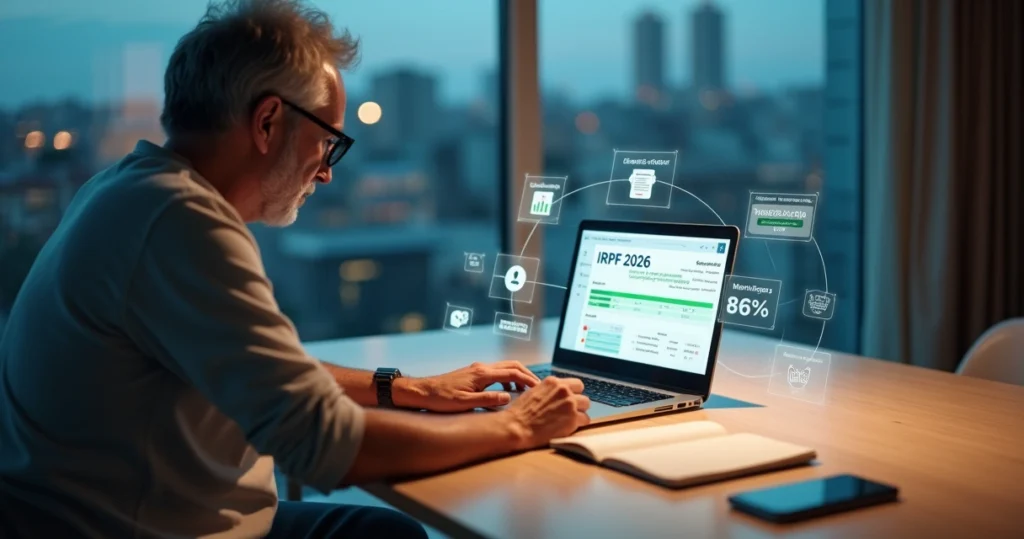 Contribuinte analisando declaração de imposto de renda com dados digitais integrados