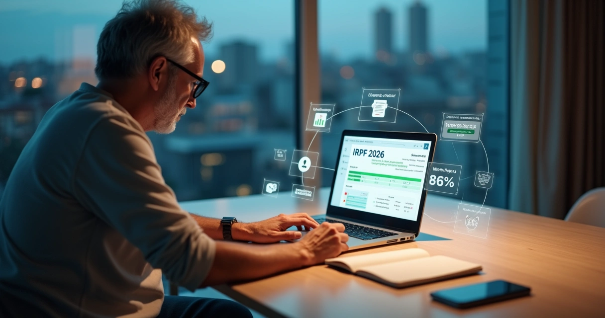 Contribuinte analisando declaração de imposto de renda com dados digitais integrados