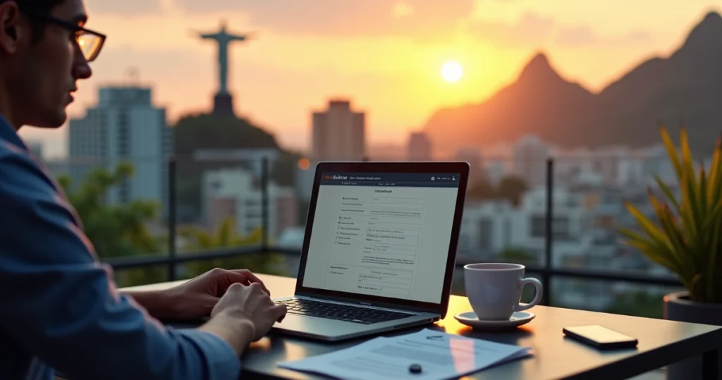 Empreendedor usando laptop para abrir CNPJ com vista do Rio de Janeiro ao fundo