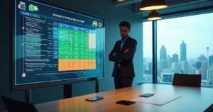 Empresário analisando tabelas do Simples Nacional em painel digital
