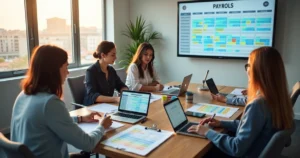 Equipe de RH reunida em sala de reunião conferindo a folha de pagamento em planilhas e notebooks
