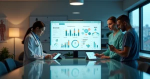 Profissionais de saúde analisando painel financeiro digital em consultório moderno