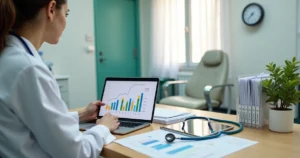 Profissional da saúde analisando planejamento financeiro em consultório moderno