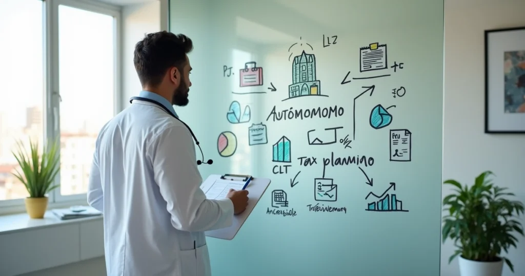 Médico observando quadro com ícones de finanças e tributos organizados