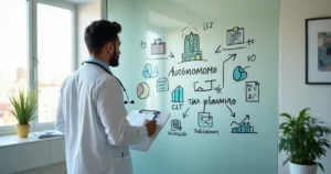 Médico observando quadro com ícones de finanças e tributos organizados