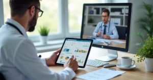 Médico em consultório analisando tablet com contador em videoconferência