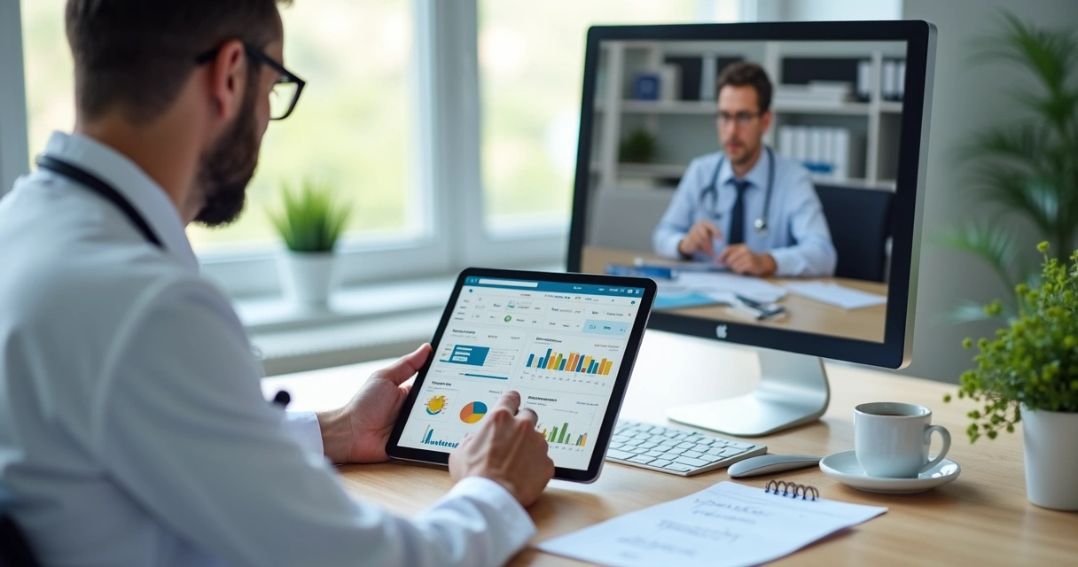 Médico em consultório analisando tablet com contador em videoconferência