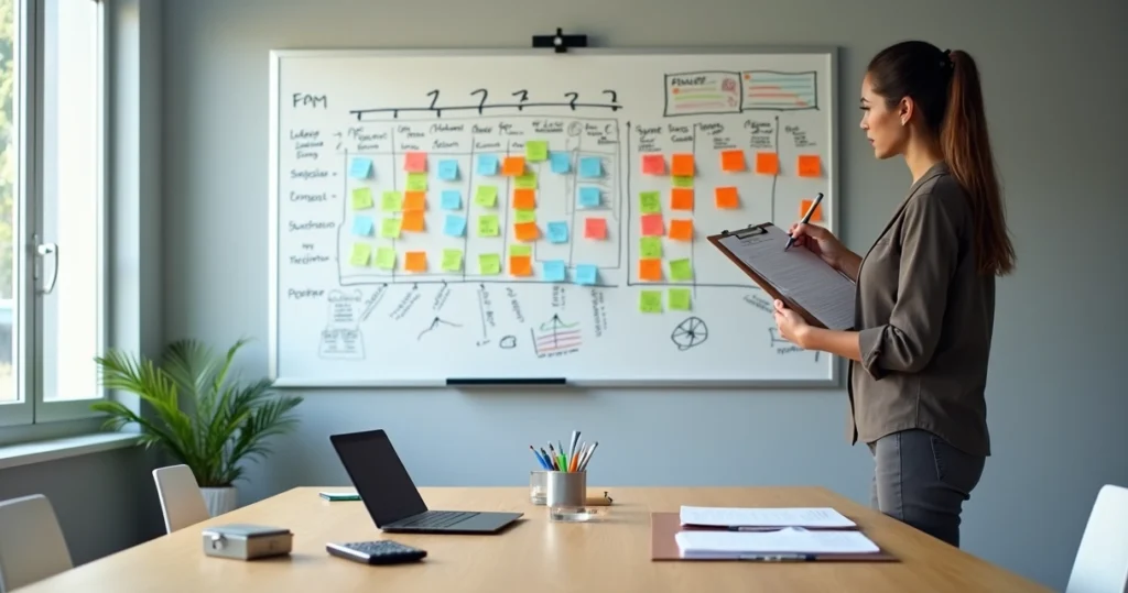 Empresária anotando controle de impostos em grande quadro branco com post-its coloridos