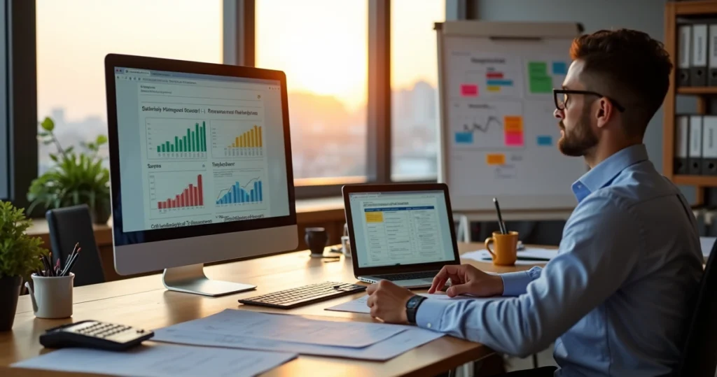 Contador em escritório moderno analisando planejamento tributário com gráficos e documentos