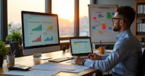 Contador em escritório moderno analisando planejamento tributário com gráficos e documentos